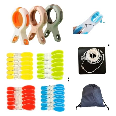 Clothes Pegs For Washing Line Set of 29pcs - 1 Peg Bag, 1 Anti Slip Washing Line White, 3 Large Pegs, 24 Small Laundry Pegs, Soft Clip Clothes Pegs Strong Grip For Outside Garden Outdoor, Plastic Cover