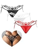 sunshinelady G String Tanga Damen Sexy Dünn Brasilien Slip Mit Stickerei Blumen Mesh Unterwäsche Low Waist Bändchen Unterhose Große Größen Micro Bikini Dessous Reizwäsche 3Packs Schwarz Weiß Rot S