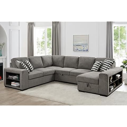 VOHOBY Sectional Sleeper Sofa Bed, 125’’ U Shaped Sectional Couches for Living Room with Pull Out Bed, Cabinet, Hidden Storage and 4 Pillows, Chenille Fabric, Light Gray Cover