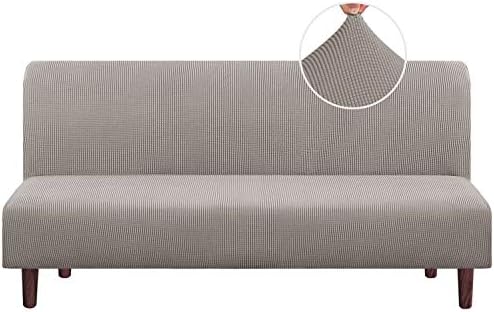 Stretch Armless Futon Cover Futon Slipcover Full Queen Size Futon Couch Cover Futon Sofa Cover Futon Bed Cover Furniture Protector with Elastic Bottom, Checked Pattern Jacquard (Futon, Taupe)
