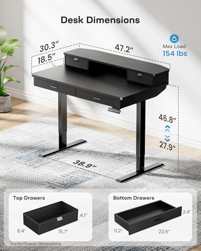 Image of HUANUO 48 x 30 inch Electric Standing Desk with 2 Wood Drawers, Adjustable Height Sit Stand Desk for Home Office, Ergonomic Stand up Desk with 4 Memory Presets, 176 lbs Capacity, Black Top