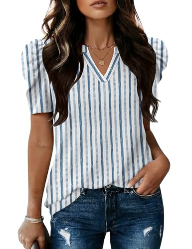 Image of LOMON Spring Summer Tops for Women 2026 V Neck Puff Short Sleeve Tops Fashion Trendy Work Blouses Dressy Casual S-XXL
