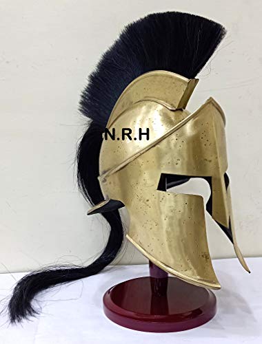 Nautical Replica Hub Medieval Antique Brass Helmet Armour King Leonidas Greek Spartan 300 Roman Halloween Helmet with Wooden Stand