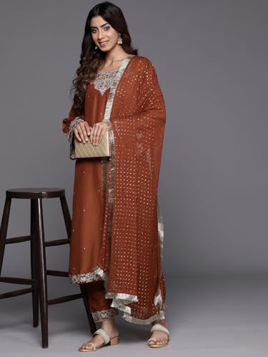 Image of Women's Embroidered Silk Blend Kurta & Trousers With Dupatta | Ethnic Kurta Sets for Women | Straight Kurta Sets & Trousers With Dupatta
