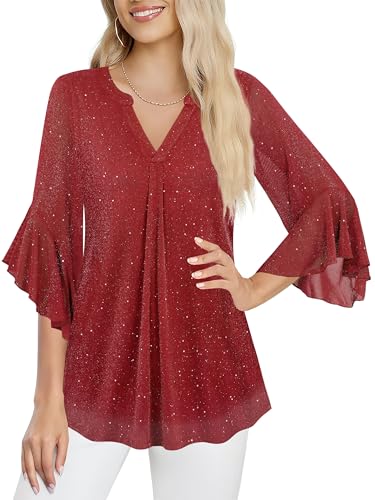 Ninedaily Womens Tops 3/4 Sleeve Dressy Casual Blouses Double Layers V Neck Shirt