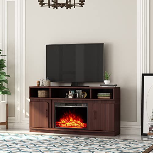 Fireplace Tv Stand With A 23'' Electric Fireplace Insert, Modern Entertainment Center With Storage Cabinet And Adjustable Shelves, Console For Tvs Up To 65'' For Living Room, Bedroom, Rustic Walnut #TOP6