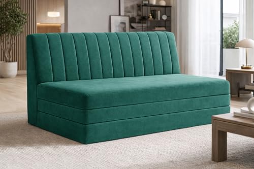 Image of 3-Seater Convertible Floor Sofa Bed with Adjustable Backrest, Modern Velvet Fabric Folding Couch for Living Room, Guest Room & Small Spaces-Green