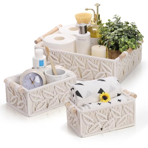 ZOOFOX Set of 3 Macrame Storage Basket Handmade Woven Boho Basket with Cloth Liner and Wooden Handles Decorative Toilet Tank Shelf Cabinet Organizer for Bedroom Living Room Nursery