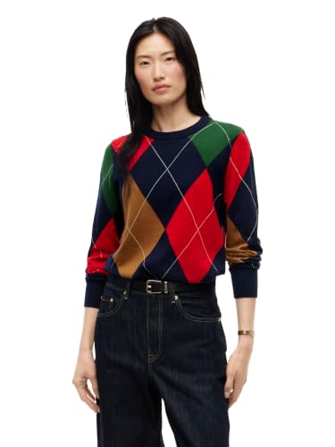 Tommy Hilfiger Women's Long Sleeve Cotton Argyle Sweater Pullover, Colorful Argyle/Dark Blue Small