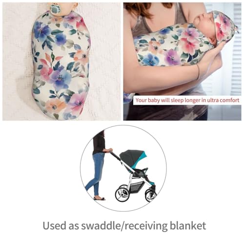 Image of Vintage Pink Blue Watercolor Floral Swaddle Blanket with Beanie Hat Set Newborn Swaddle Wrap Soft Baby Receiving Blankets Baby Swaddle Blanket for Baby Boys and Girls