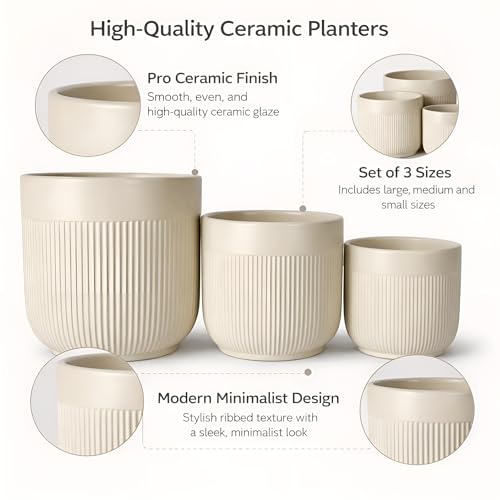 Image of Xtore Ceramic Ribbed Planter Set with Matte Finish | Modern Minimalist Flower Pots for Home, Office, Balcony & Living Room Decor - (Set of 3, Pastel Beige, Planter ONLY)