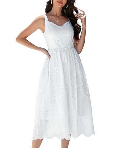 Image of Women Hollow Out Eyelet Dress 2025 V Neck Tank Sleeveless Midi Dress A Line Cute Casual Beach Vacation Dresses