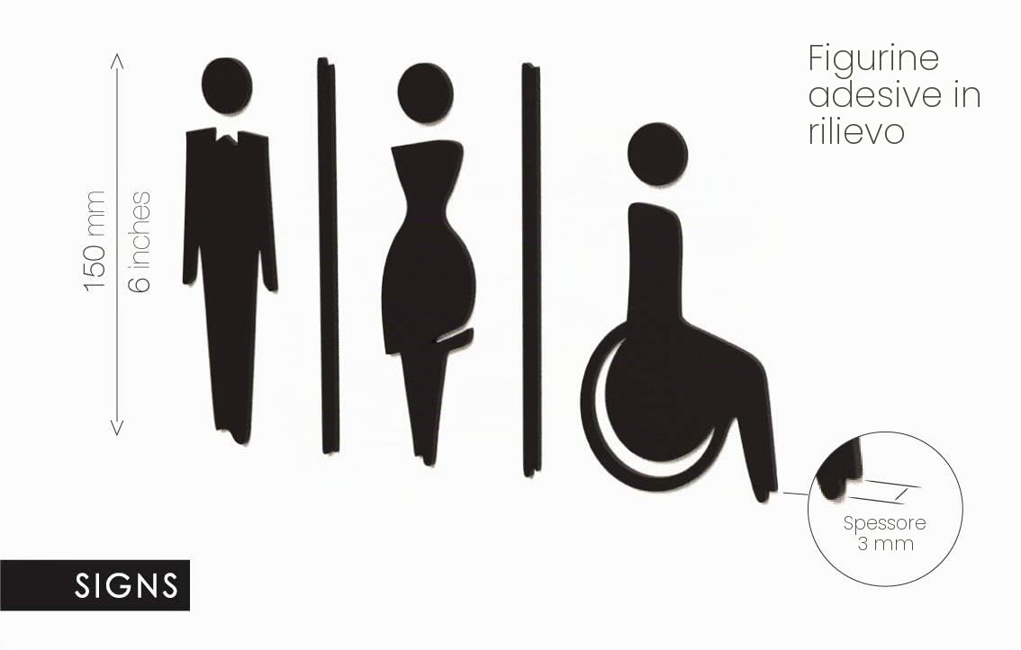 Signs - Targa bagno a rilievo (15 cm) - Set adesivo Toilette Serie Elegant SA112 - Targhette bagno Uomo Donna Disabile - Adesivi WC disabili (3 Figure a scelta, Nero)