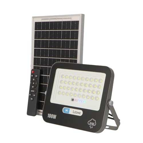 M Ledme - Foco Solar Led 100W con mando a distancia, 1000 lumens, regulable intensidad de luz, IP65, Color Luz Fría (6000k), batería de gran capacidad 10.000 mAh. Longitud del cable 2,10M