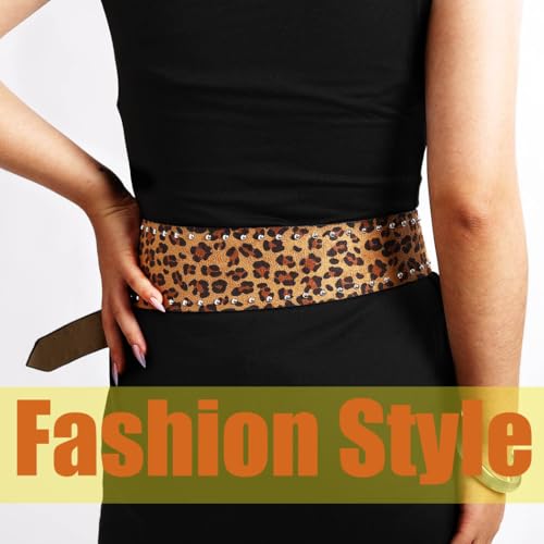 Ursumy Women Wide Elastic Belt Vintage Chunky Waist Belts for Jeans Dresses Rivet-Studded Thick Leopard Leather Belt3