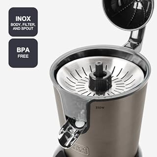 BLACK+DECKER - Spremiagrumi a Leva 350W | Motore AC Pro | 2 Coni | Serbatoio 0,65L o Erogazione Continua | Anti-Goccia | Filtro Polpa | Parti Lavabili | Senza BPA | Acciaio Inox