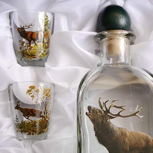 GTK - Geweihe & Trophäen KRUMHOLZ 7 teiliges Schnaps Gläser Set + Karaffe mit Jagddekor Hirsch farbig