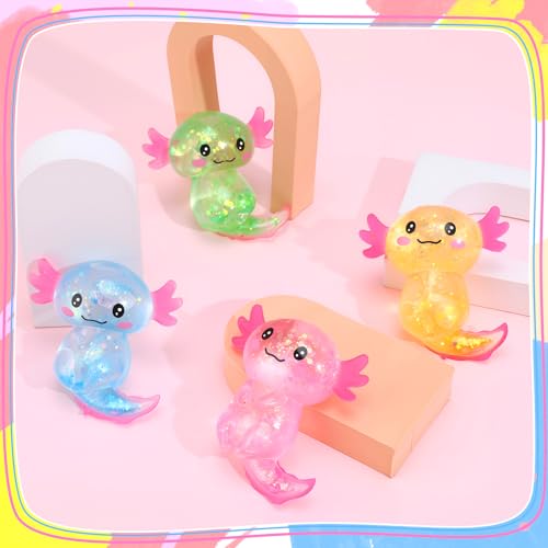 Kaisibum 4 Stück Axolotl Squishy Funkeln Witziges Squeeze Sensorische Anti Stress 4 Farbe Axolotl Tiere Spielzeug für Kinder und Erwachsene