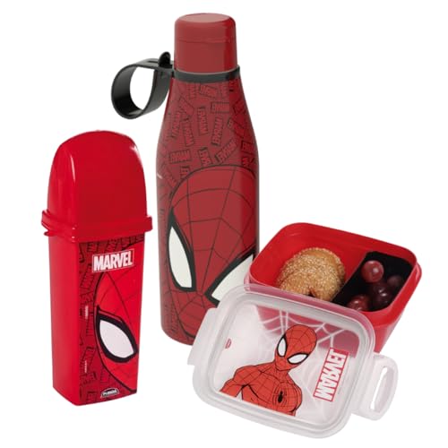 Kit Lanche 3 Peças Lancheira Infantil Plasutil Garrafa Marmita Dental case (Homem Aranha)