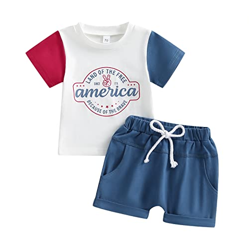 Saliuentm Toddler Baby Boy 4th of July Outfit Letter Short Sleeve T-Shirt Top Shorts Sets Cute American Flag Summer Clothes (AH-White,18-24 Months)