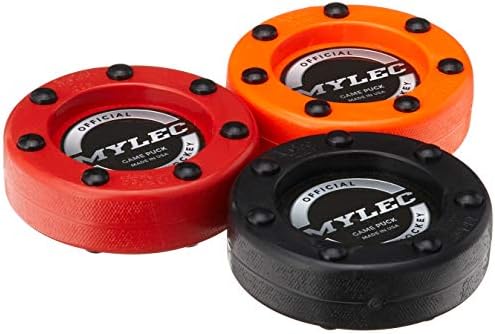 Mylec Hockey Pucks for Outdoor Hockey, Made with PVC, Hockey Stuff with Graphite Reinforced Shaft & Nylon Glides, Training Pucks for Street Hockey (110gm, Pack of 3-Black, Orange & Red)
