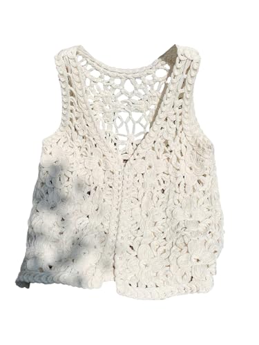 GORGLITTER Women's Crochet Vest Hollow Out Button Sleeveless Knit Open Front Cardigans Summer Tank Tops