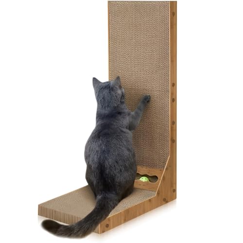 Coodipet Cardboard Scratcher for Indoor Cats 26.8 Inch L Shaped Vertical Cat Scratching Board with Ball Cat Toy Large Cat Scratcher Pad Cat Toys for Indoor Cats Catnip