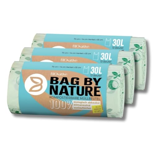 BIOvative PRODUCTS 30L Biomüllbeutel mit Henkel | 39 Müllbeutel, 100% kompostierbar, Made in Germany | Reißfeste Bio-Abfallbeutel, klimaneutralisiert & vegan | Nachhaltig für umweltbewusste Haushalte