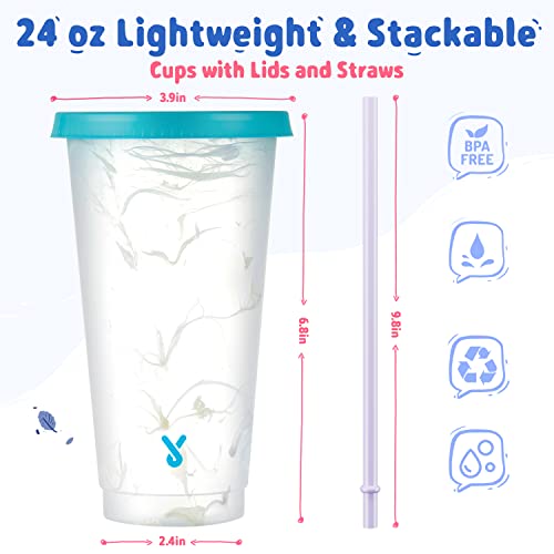 Meoky Color Changing Cups With Lids And Straws - 10 Pack 24 Oz Plastic Tumblers With Lids And Straws Bulk, Reusable Cups With Lids And Straws For Kids Women Party, Cute Cups For Iced Coffee(Swirl) #TOP2