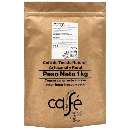 CAFÉ SIN INTERMEDIARIOS - Café de Brasil y Vietnam - Abrazos - Ideal para combinar con leche - Intensidad de sabor Alta - Recién tostado y envasado - 1 kg en GRANO para cafeteras Superautomáticas