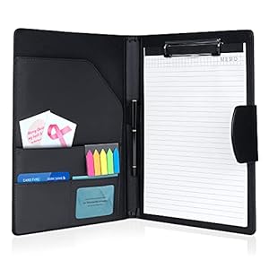 Clipboard Folder DIN A4, Leather Document Case Clip Board with Magnetic Closure Cover, for Work Writing Conference Folder Legal Pad with A4 Paper &Sticky Arrow Tabs &Pen, Black