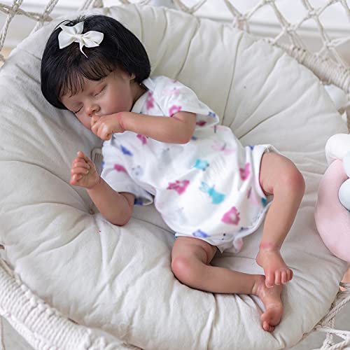 Anano Reborn Baby Dolls Silicone Baby Dolls 18 Inches Sleeping Newborn Preemie Babies Dolls Rooted Hair Real Baby Doll Toy for Age 3+ Birthday Gift Biracial Baby Doll for American African Indian Kids