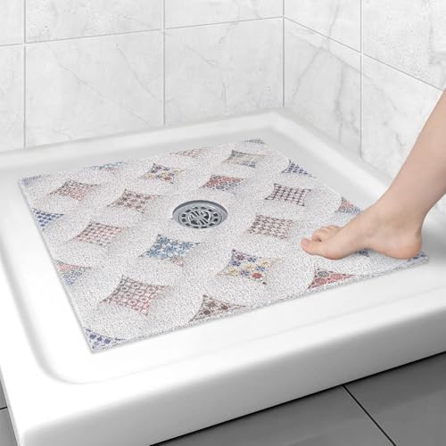 Image of Square Shower Mat Non Slip: 27x27 Inch Extra Large Shower Floor Mat with Drain Hole in Middle - Soft PVC Loofah Bath Mat for Shower - Anti Slip Shower Stall Mat for Elderly and Kids
