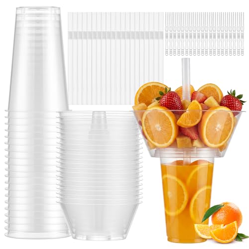 Casarak 20 Sets Snack and Drink Cup Disposable Plastic Cup with Snack Bowl on Top Includes 20 Cups 20 Bowls 20 Straws 40 Forks for Party Stadium Patron and Movie Night
