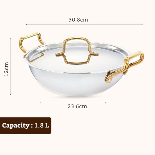 Image of Amazon Brand - Solimo Premium Triply Stainless Steel Kadhai 22cm (1.8L) | SS Lid | Even Heating | Gas & Induction Compatible | Dishwasher Safe | Food Safe SS 304 | Elegant Golden Handles | BIS Certified