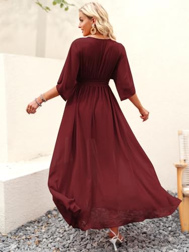 Image of ANRABESS Womens 1 /2 Sleeve Beach Wedding Guest Maxi Dresses 2026 Summer Wrap V Neck Boho Floral Flowy Slit Long Dresses