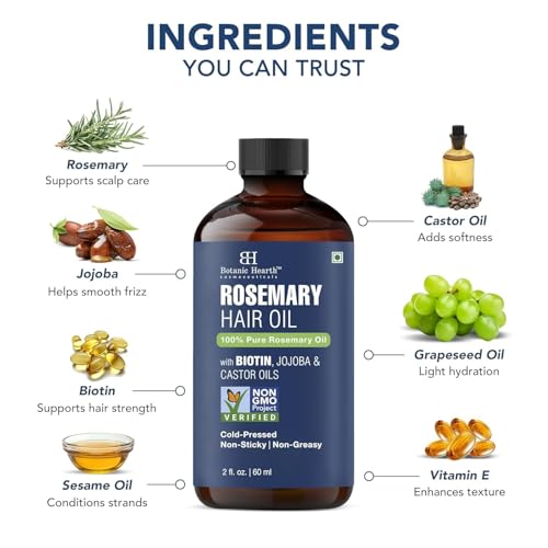 Image of Botanic Hearth Rosemary Oil for Hair Growth - 2 Fl oz | Enriched with Biotin, Castor & Jojoba | Hair Relaxers & Dry Scalp Treatment | Color Safe | Suitable For All Hair Types