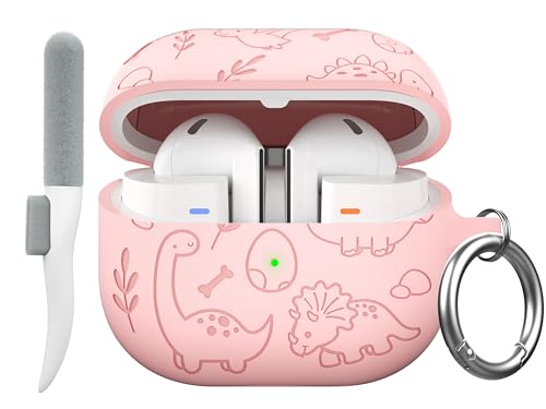 Maxjoy Compatible with Samsung Galaxy Buds 3 Pro Case/Galaxy Buds 3 Case(2024),Silicone Engraved Protective Cover for Galaxy Bud 3 for Women Men with Cleaning kit Keychain, Pink Dinosaur