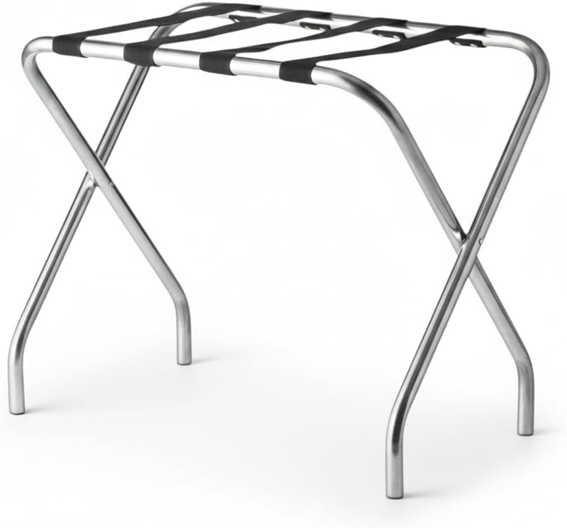 Folding Luggage Rack, Heavy-Duty Metal Frame, Foldable Suitcase Stand for Hotel Guest Room, Travel Bag Holder, Space-Saving Design (Chrome, Without Back / Guard)