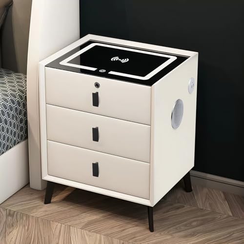 WINNIESHOP Smart Nightstand with Charging Station Adjustable LED Bluetooth Speaker USB Ports Fingerprint Lock Bed Side Tables Bedroom Nightstand with Drawers for Bedroom (White 3-Drawer)