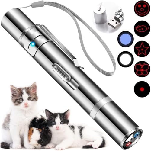 JARUFEE Cat Toys for Indoor Cats Adult Kittens, USB Rechargeable Cat Teaser Wand with Classic Light and 5 Patterns Pet Scratch Exercise Tools, Interactive Dog LED Pointer with Mouse Pattern