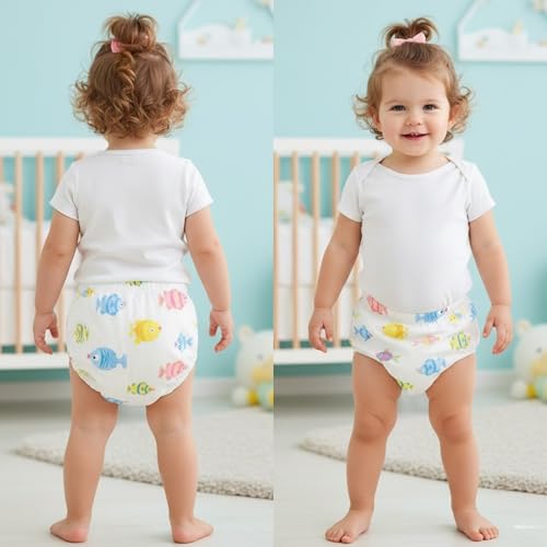 Image of Bembika Baby Training Pant Soft Cotton Reusable Potty Training Pants For Kids Leak-Resistant, Padded Underwear For Babies To Support Diaper Free Transition (L Size For 18-24 Months Small Fish Theme)