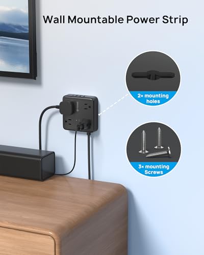 Image of TROND Surge Protector Power Strip with USB Ports, 5ft Flat Plug Extension Cord with Multiple Outlets, 1440J, Wall Mount for Home Office Dorm Room Essentials, Black