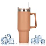 AVCXEC Kaffeebecher to go, Thermobecher, Vakuum Isolierbecher Becher, 1200ml Doppelwandig Becher Tumbler, Autobecher Reisebecher Kaffee to go, Isolierter Thermo Trinkbecher Edelstahl mit Griff, Braun