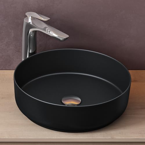 Sogood Lavabo Vasque à Poser Noir Mat 40x40x13 cm Lave Mains Rond en Céramique Revêtement NANO Easy Clean Bruxelles203