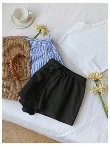 Image of MakeMeChic Women's 2 Pack Linen Shorts Striped Gingham Boxer Shorts | Summer, Beach Shorts, Cover Up, Pajama, Lounge