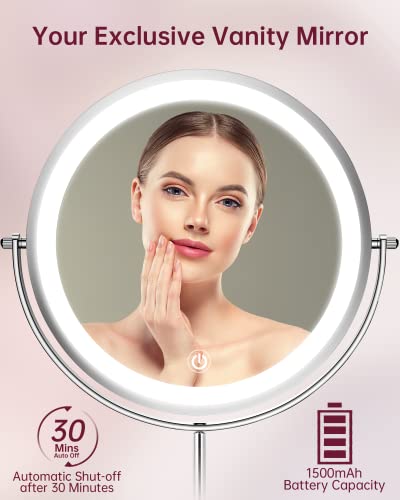 Gospire 8 Inch Lighted Makeup Mirror 1X/10X Magnifying Led Makeup Mirror 3 Color Dimmable Lighting Modes Rechargeable Cordless Cosmetic Mirror With Touch Control Vanity Mirror 360° Rotation (Chrome) #TOP6