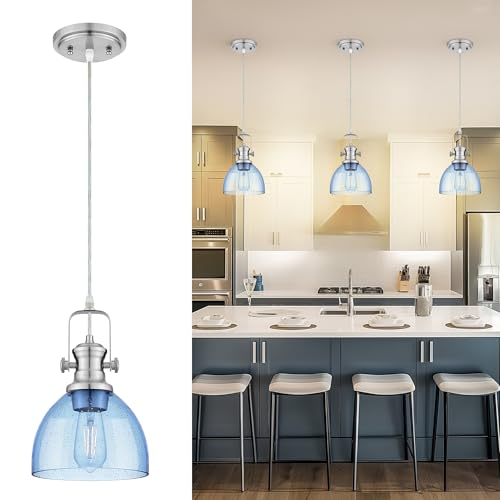 Image of 7.5 inch Brushed Nickel Pendant Lights Kitchen Island, Blue Shade