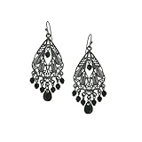 1928 Jewelry Black-Tone With Black Faceted Bead Chandelier Earrings