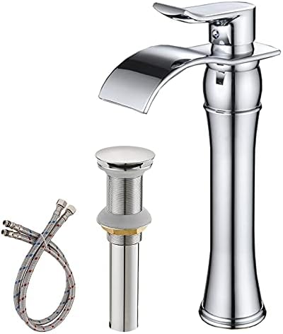 BWE Vessel Sink Faucet Chrome Waterfall Single Hole Bathroom Faucet Commercial with Pop Up Drain Without Overflow and Supply Line Bath Single Handle Faucet for Sink Tall Body Lead-Free
